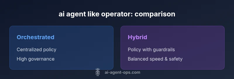 Comparison infographic of orchestrated vs autonomous vs hybrid ai agent like operator architectures