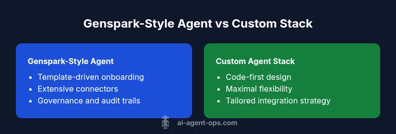 Comparison infographic showing genspark-style agent vs custom agent stack